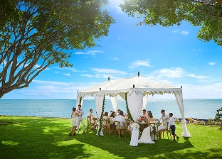 海を望む芝生の上で会食をする人々